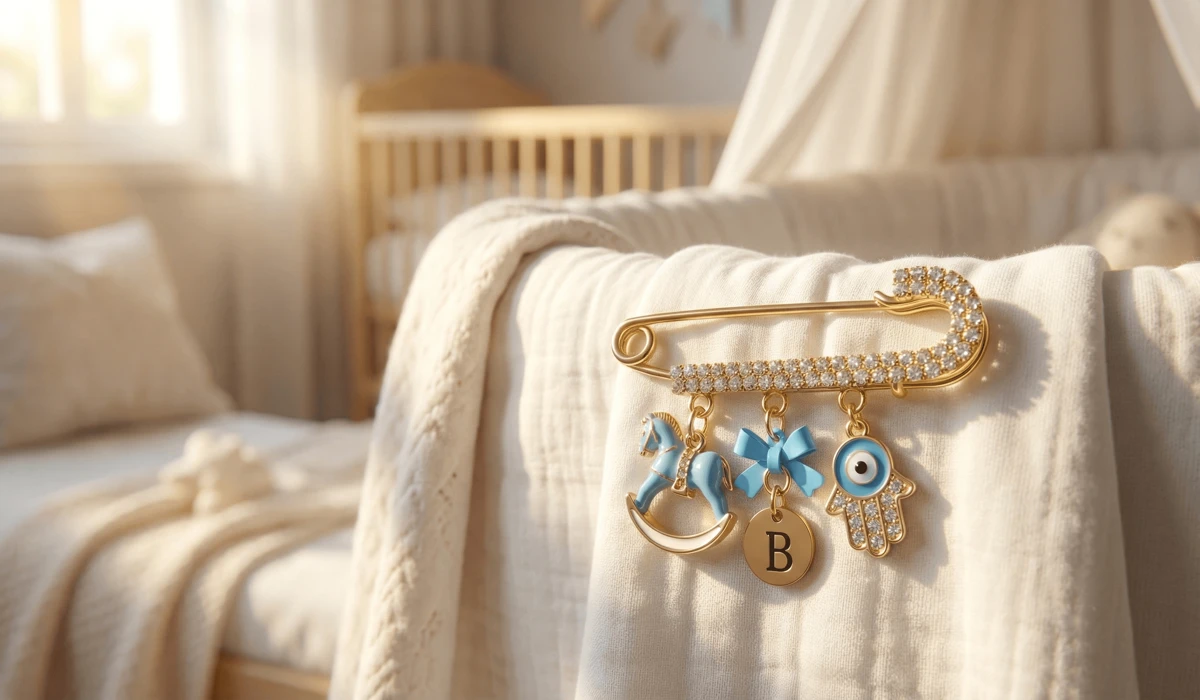 The Meaning of the Evil Eye Safety Pin: Protecting Babies and Toddlers from Negative Energy - Buddha Bodhis A decorative gold evil eye safety pin with a blue nazar charm attached to a white baby bassinet for spiritual protection.