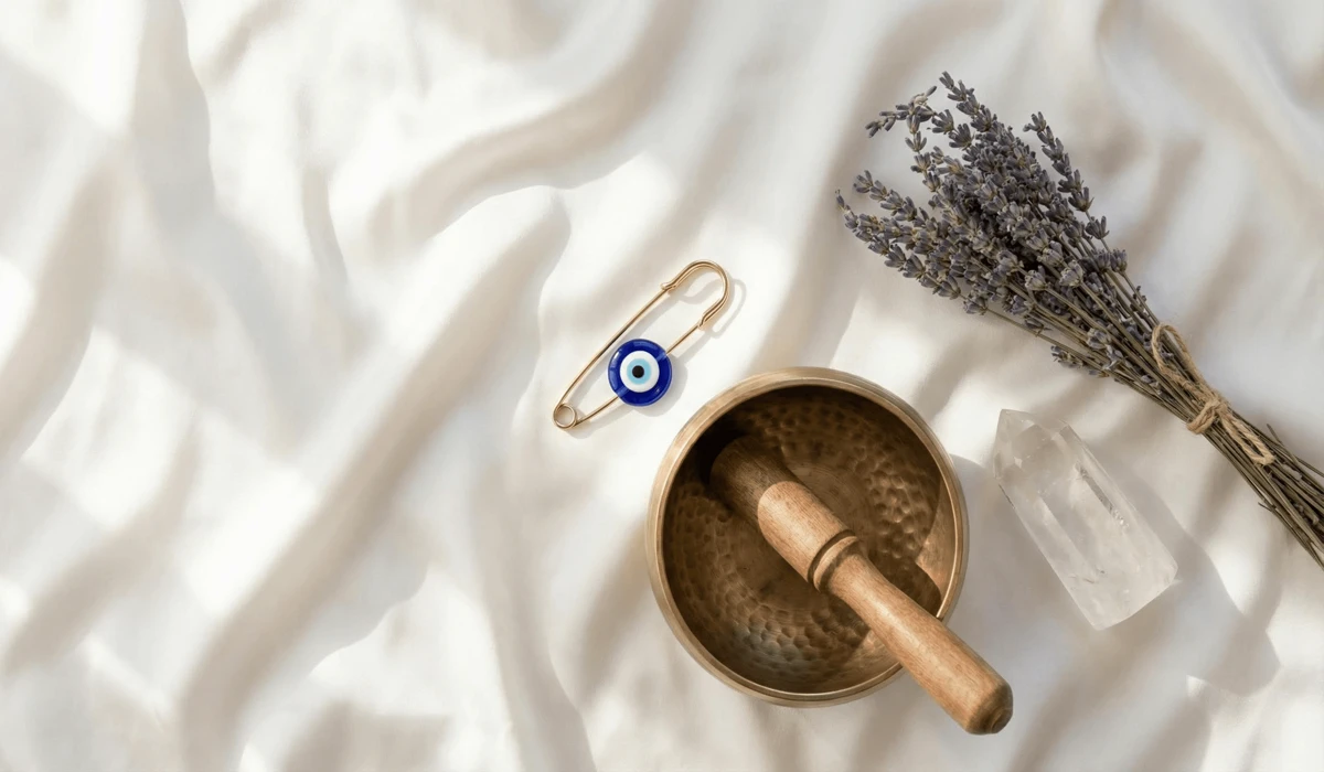 The Meaning of the Evil Eye Safety Pin: Protecting Babies and Toddlers from Negative Energy 3 - Buddha Bodhis A spiritual cleansing ritual for an evil eye safety pin featuring a singing bowl and crystals on white silk.