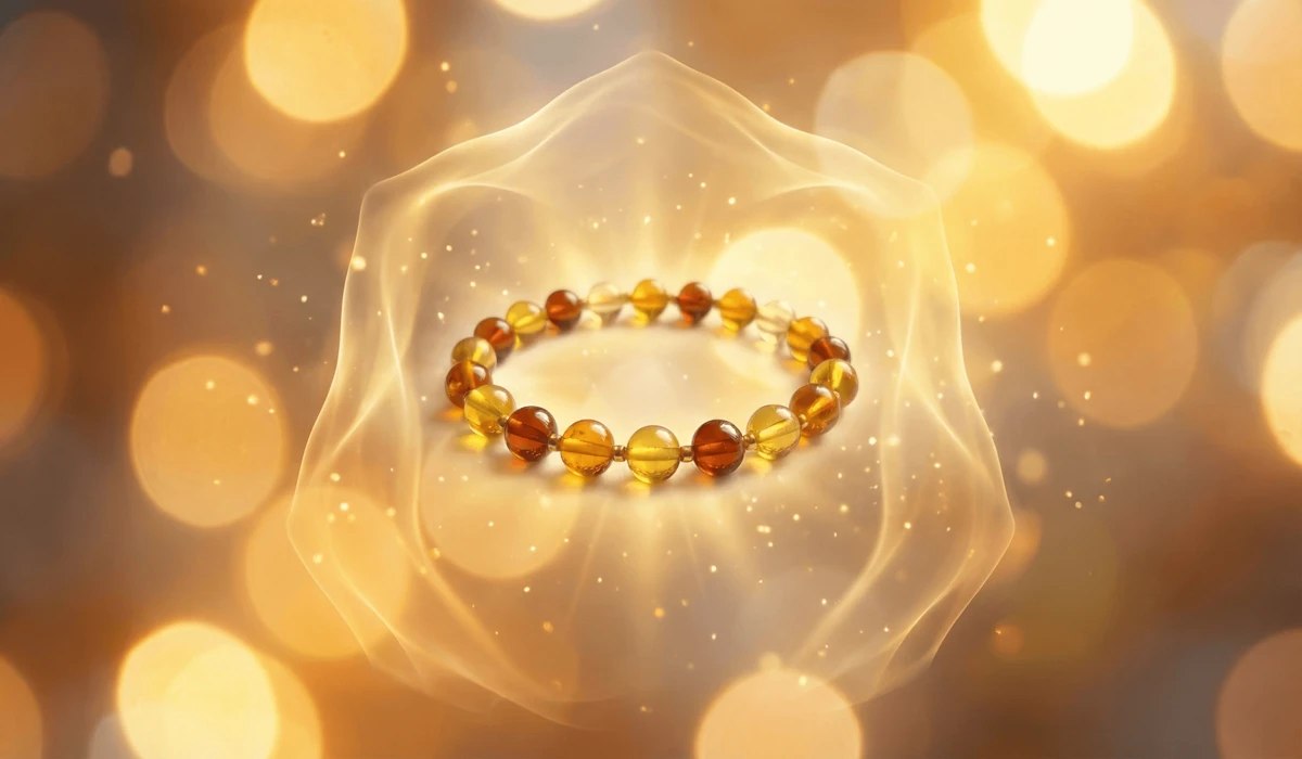 Baltic Amber Teething Bracelets: Understanding the Benefits, Science, and Tradition 1 - Buddha Bodhis A spiritual representation of a Baltic amber bracelet radiating golden solar energy, symbolizing protection and the Solar Plexus chakra.