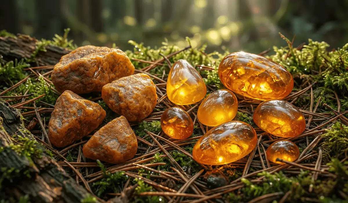 Baltic Amber Teething Bracelets: Understanding the Benefits, Science, and Tradition - Buddha Bodhis Detailed comparison of raw and polished Baltic amber stones in a natural forest setting, illustrating their origin as fossilized tree resin.