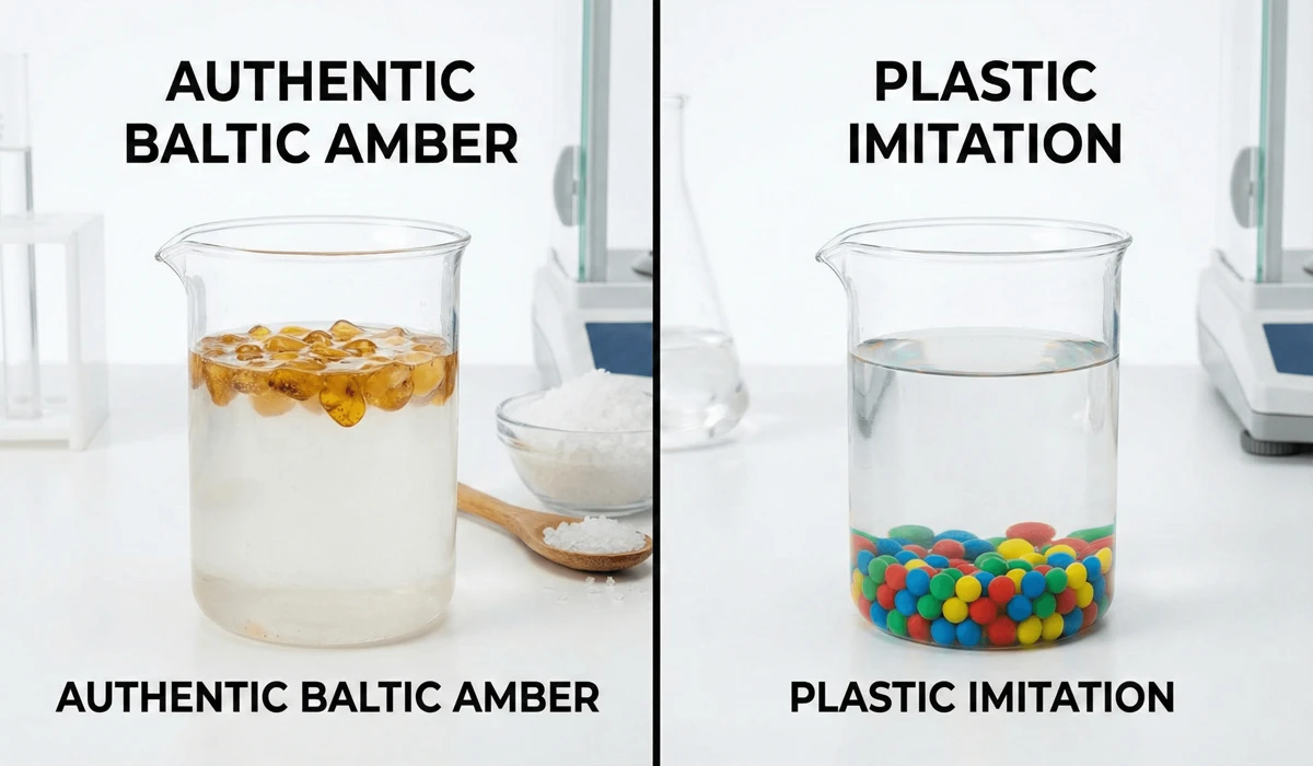 Baltic Amber Teething Bracelets: Understanding the Benefits, Science, and Tradition 4 - Buddha Bodhis A visual guide to the saltwater test for authenticating Baltic amber, showing real amber floating while imitations sink.
