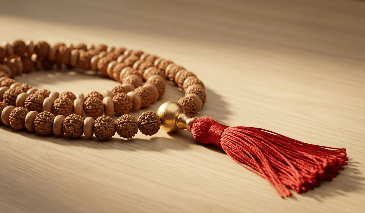 What to Do When Your Mala Beads Break: Spiritual Meaning and Next Steps - Buddha Bodhis A traditional 108-bead mala necklace with a red silk tassel and Guru bead, representing spiritual geometry and japa meditation tools.