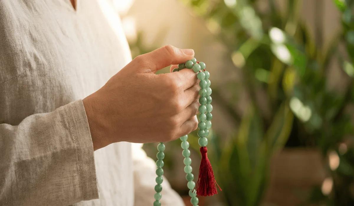 What to Do When Your Mala Beads Break: Spiritual Meaning and Next Steps 2 - Buddha Bodhis Close-up of a person practicing japa meditation, holding mala beads in the right hand to count mantras for energy alignment.