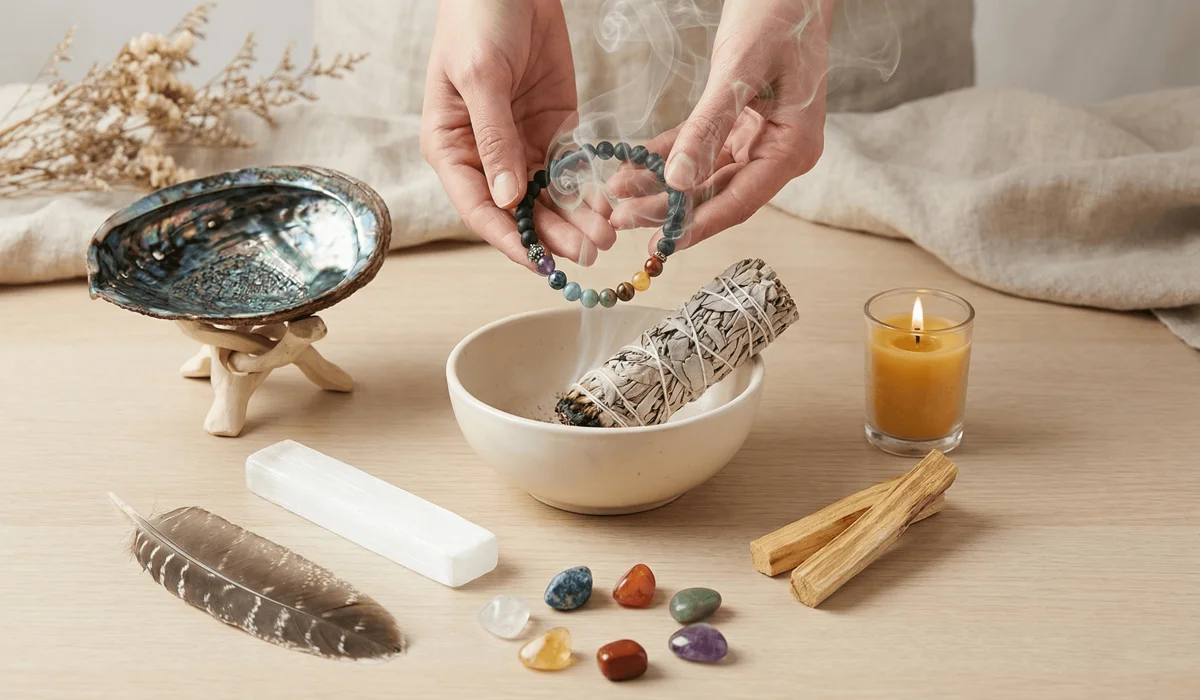 What to Do When Your Mala Beads Break: Spiritual Meaning and Next Steps 3 - Buddha Bodhis Cleansing mala beads with sacred white sage smoke and a selenite plate to purify energy and charge the spiritual tool.