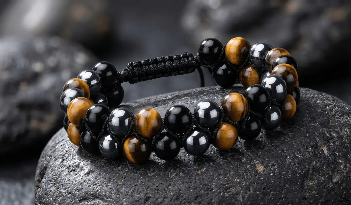 The Triple Protection Bracelet: Meaning, Benefits, and How to Use It - Buddha Bodhis Close-up detail of a Triple Protection Bracelet featuring genuine Tiger’s Eye, Black Obsidian, and Hematite beads.