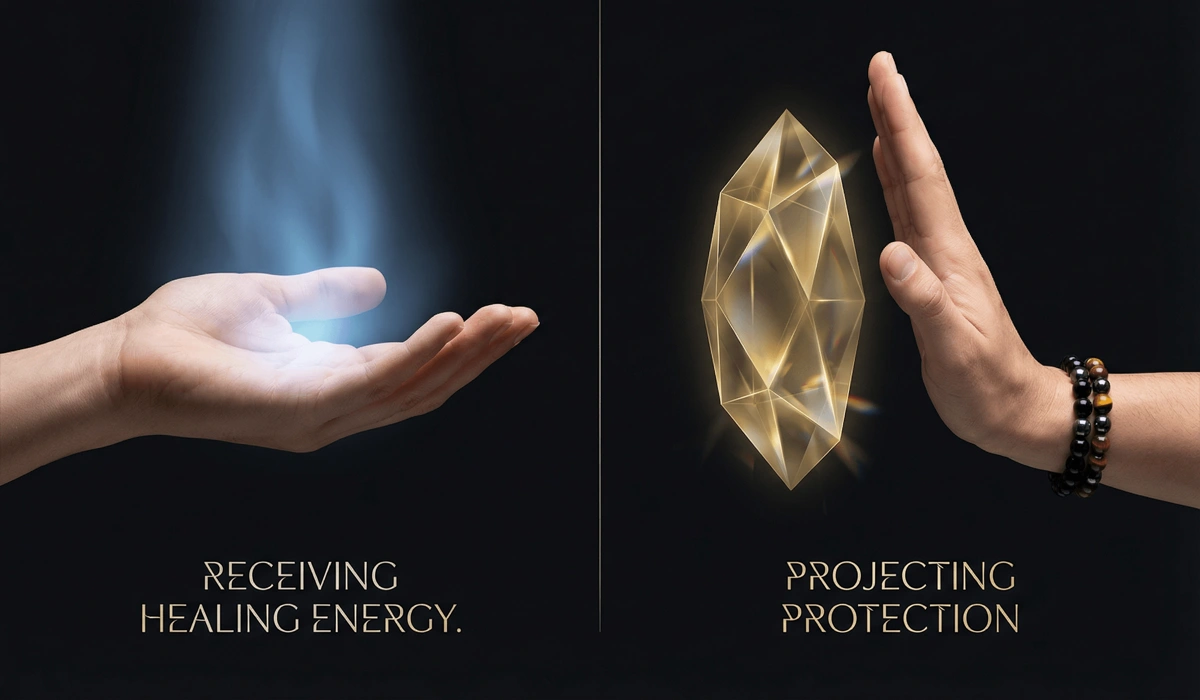 The Triple Protection Bracelet: Meaning, Benefits, and How to Use It 2 - Buddha Bodhis Comparison of wearing the Triple Protection Bracelet on the left hand for receiving energy versus the right hand for protection.