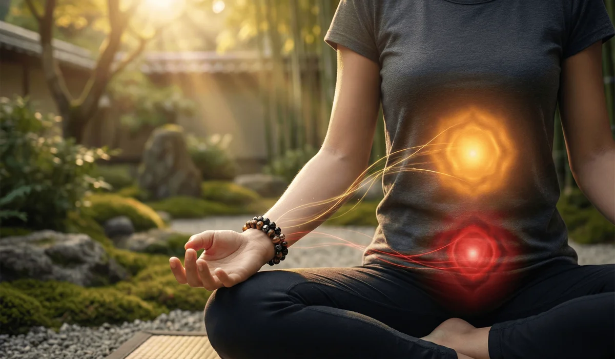 The Triple Protection Bracelet: Meaning, Benefits, and How to Use It 1 - Buddha Bodhis Spiritual illustration showing the Triple Protection Bracelet aligning with the Root and Solar Plexus chakras.