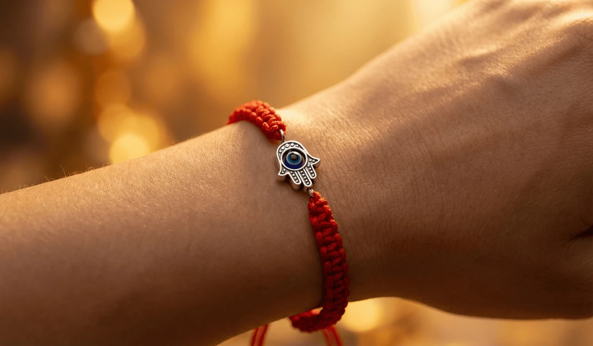 The Spiritual Significance of Red String Bracelets: Meaning, Protection, and Rituals - Buddha Bodhis A sacred red string bracelet with seven knots and a Hamsa charm on a wrist, symbolizing spiritual protection and vitality.