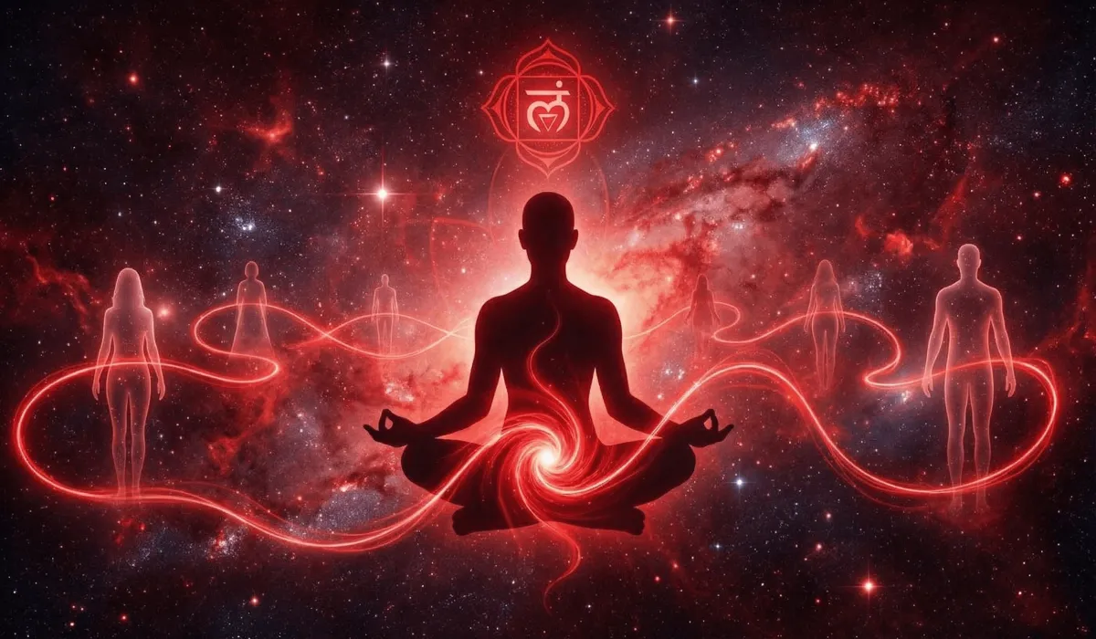 The Spiritual Significance of Red String Bracelets: Meaning, Protection, and Rituals 1 - Buddha Bodhis Conceptual illustration of the Root Chakra and the Red Thread of Fate symbolizing life force energy and spiritual connection.