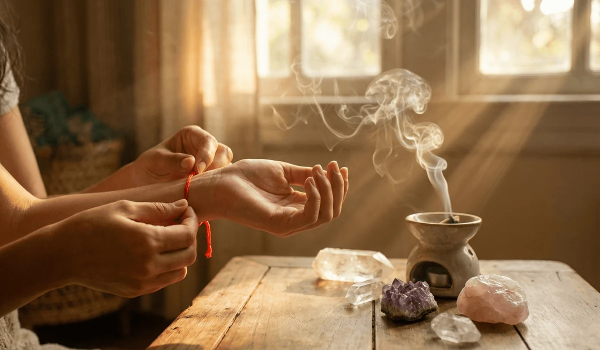 The Spiritual Significance of Red String Bracelets: Meaning, Protection, and Rituals 2 - Buddha Bodhis A ritual of tying a red string bracelet on the left wrist to receive protective and healing vibrations.