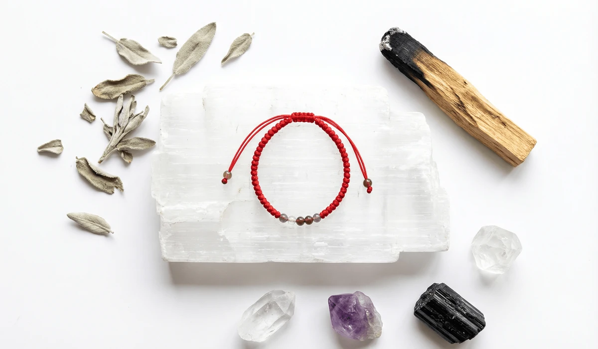 The Spiritual Significance of Red String Bracelets: Meaning, Protection, and Rituals 4 - Buddha Bodhis Cleansing and charging a red string bracelet on a Selenite crystal with sage and Palo Santo for spiritual purification.