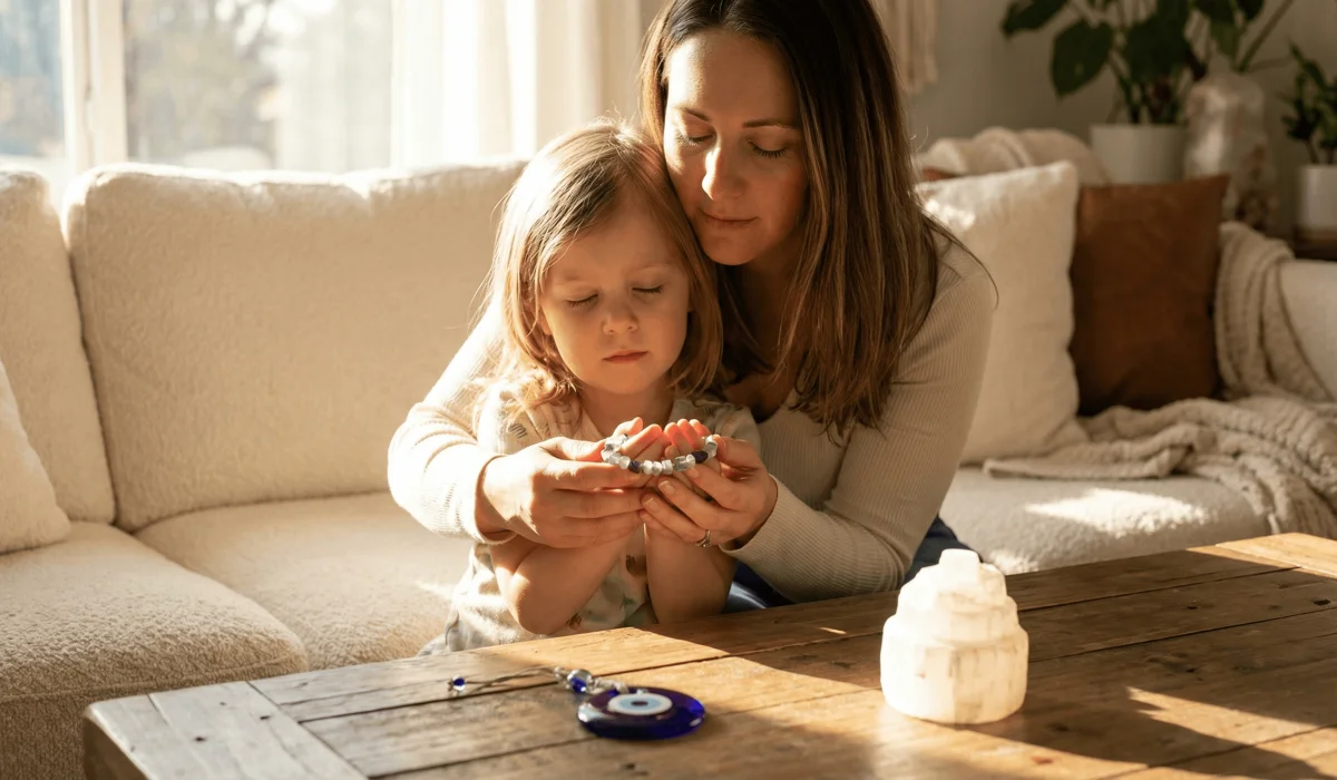 Ensuring Safety and Harmony: A Parent's Guide to Children's Jewelry and Choking Prevention 1 - Buddha Bodhis Mother and child practicing mindfulness and setting intentions with a spiritual amethyst bracelet.