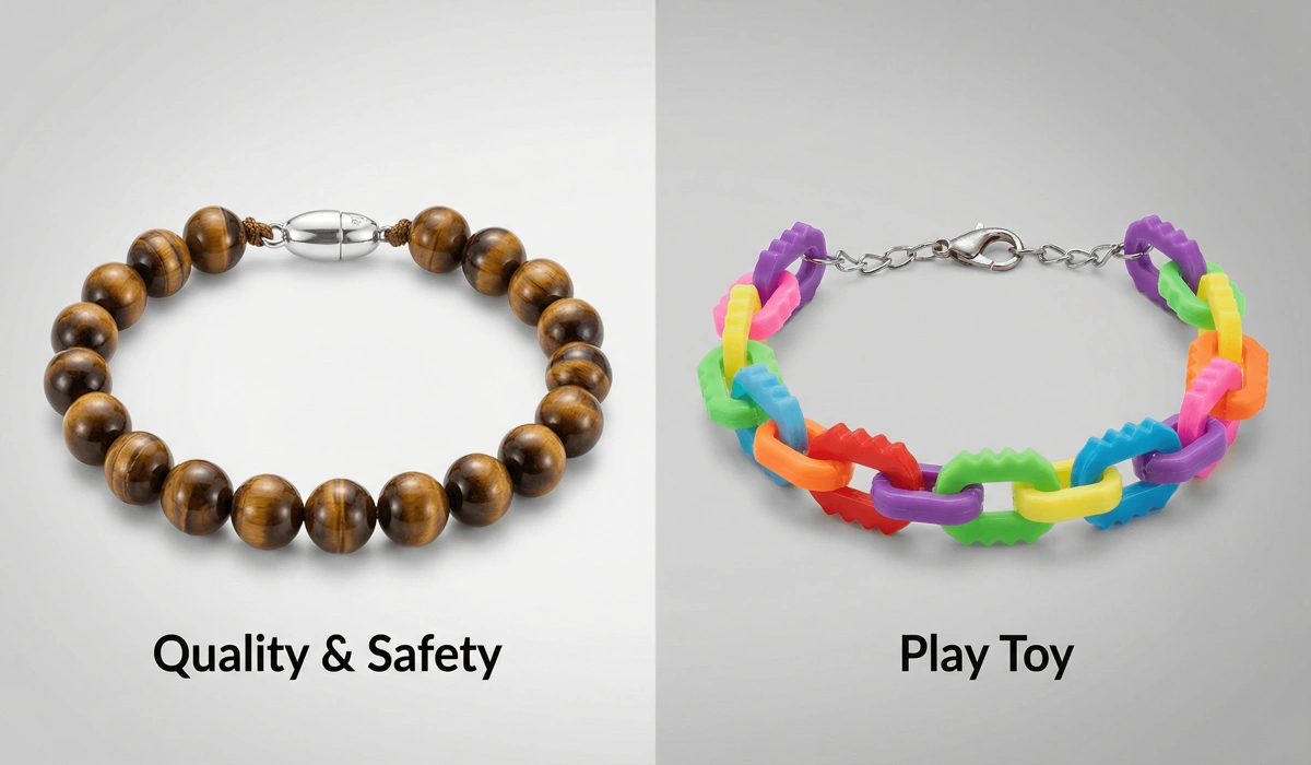Ensuring Safety and Harmony: A Parent's Guide to Children's Jewelry and Choking Prevention 2 - Buddha Bodhis Comparison between high-quality spiritual children's jewelry and low-quality toy jewelry.