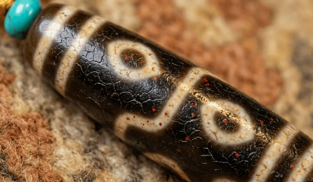 How to Identify Authentic Tibetan Dzi Beads: A Guide to Real vs. Imitation Patterns - Buddha Bodhis Close-up of an authentic Tibetan Dzi bead showing natural weathering marks, waxy patina, and cinnabar dots on agate.