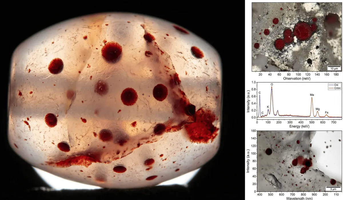 How to Identify Authentic Tibetan Dzi Beads: A Guide to Real vs. Imitation Patterns 4 - Buddha Bodhis Microscopic detail of cinnabar dots and mineral inclusions inside a high-quality authentic Dzi bead.
