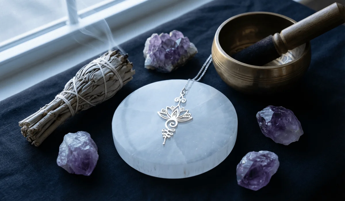The Spiritual Symbolism of the Lotus Flower: A Guide to Purity, Rebirth, and Jewelry Meanings 4 - Buddha Bodhis A silver lotus necklace being spiritually cleansed with sage and charged on a crystal plate under moonlight.