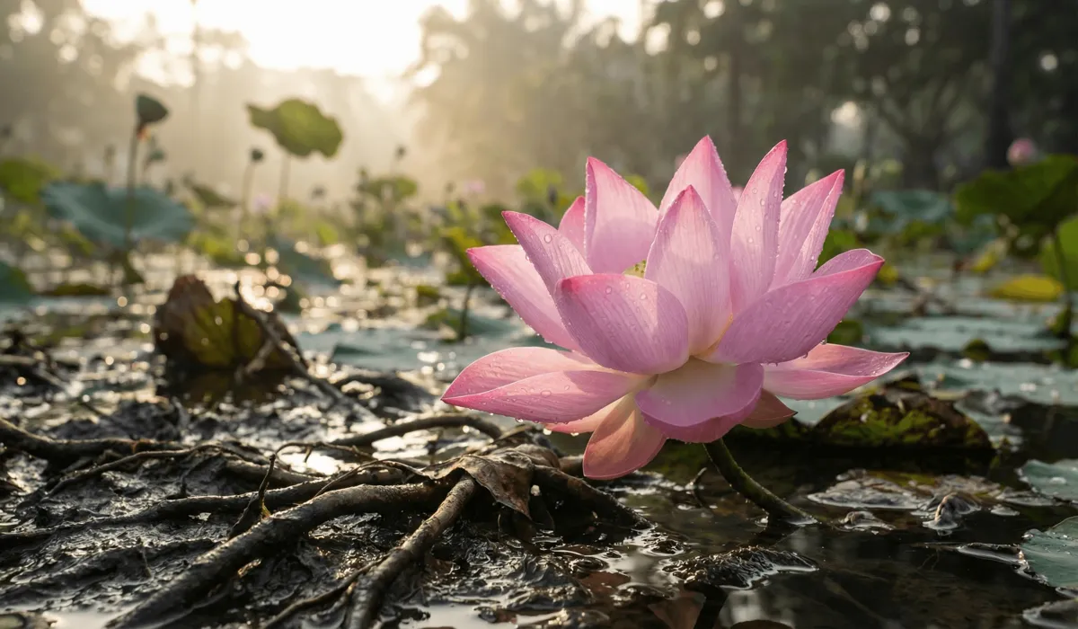 The Spiritual Symbolism of the Lotus Flower: A Guide to Purity, Rebirth, and Jewelry Meanings - Buddha Bodhis A radiant pink lotus flower blooming above dark muddy water, symbolizing purity and spiritual rebirth.