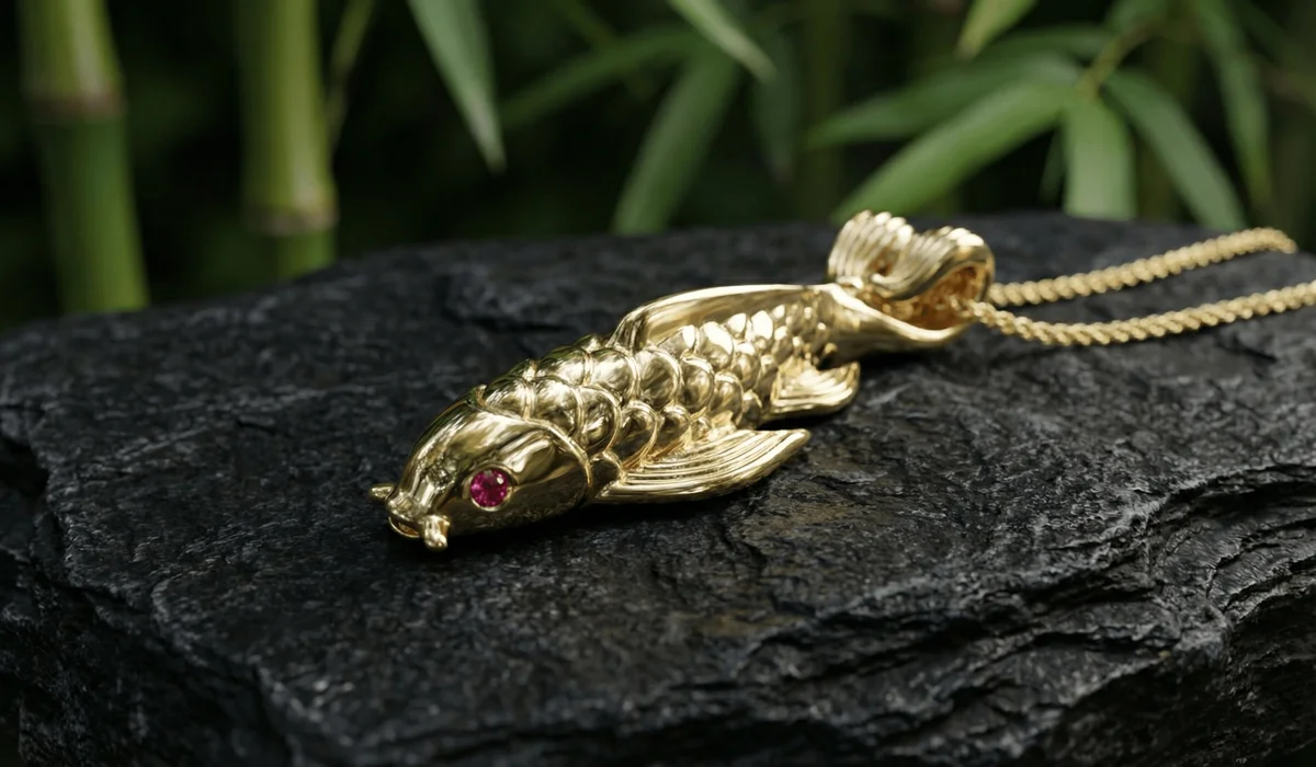 The Meaning and Symbolism of Koi Fish in Feng Shui: A Guide to Wealth and Prosperity 2 - Buddha Bodhis A close-up of a detailed gold Koi fish pendant, showcasing intricate craftsmanship as a symbolic jewelry piece for wealth and energy protection.