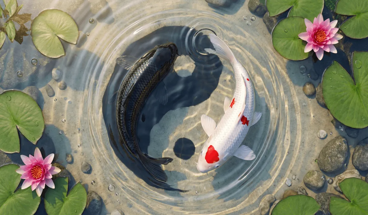 The Meaning and Symbolism of Koi Fish in Feng Shui: A Guide to Wealth and Prosperity 1 - Buddha Bodhis Two Koi fish, one black and one white, swimming in a circular Yin Yang formation in a clear pond, representing the balance of masculine and feminine energies in Feng Shui.
