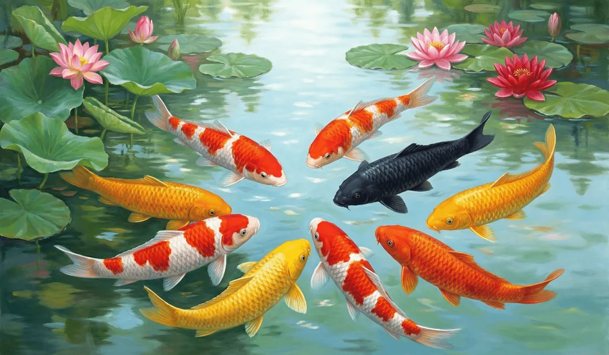 The Meaning and Symbolism of Koi Fish in Feng Shui: A Guide to Wealth and Prosperity 3 - Buddha Bodhis A traditional Feng Shui pond with nine Koi fish—eight gold and one black—arranged to attract prosperity while absorbing 'Sha Chi' or negative energy.