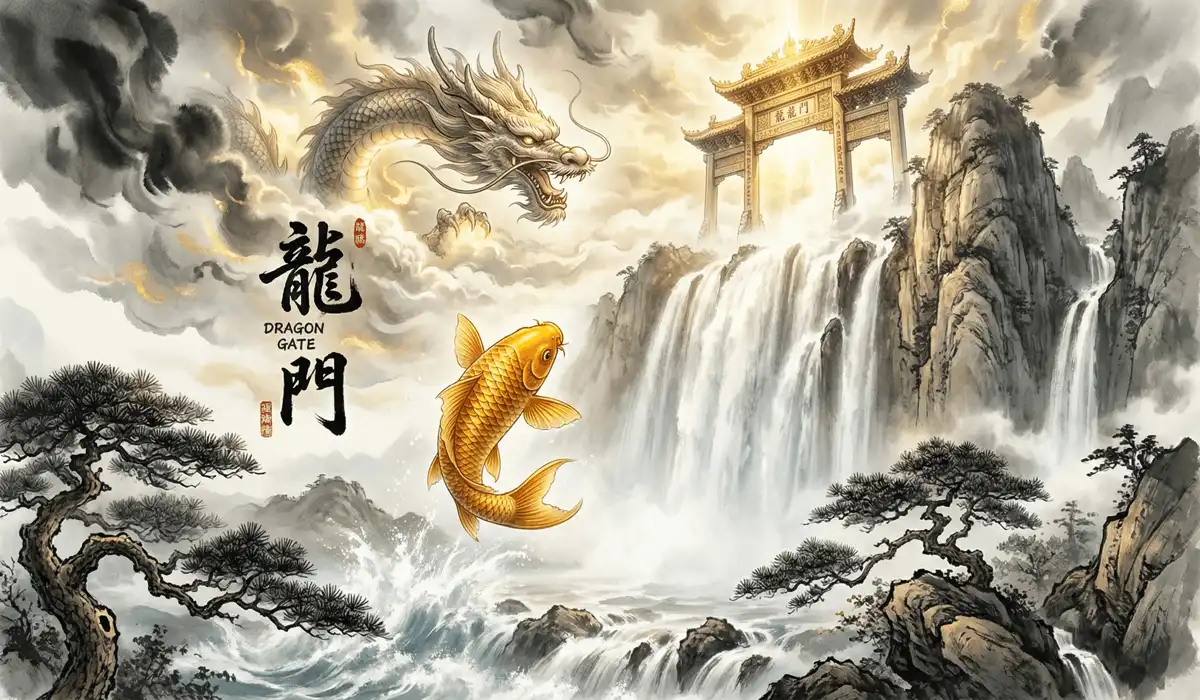 The Meaning and Symbolism of Koi Fish in Feng Shui: A Guide to Wealth and Prosperity - Buddha Bodhis An illustration of a golden Koi fish leaping over the legendary Dragon Gate waterfall to transform into a dragon, symbolizing career success and perseverance.