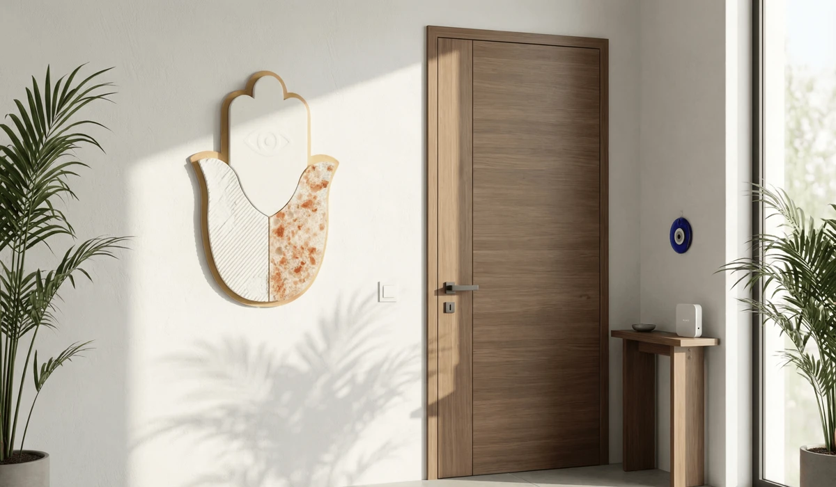 Hamsa Hand vs. the Evil Eye: Understanding Their Meanings and Differences 4 - Buddha Bodhis Strategic placement of a Hamsa hand wall hanging and Evil Eye charm in a modern home entryway to invite abundance and neutralize external energy.