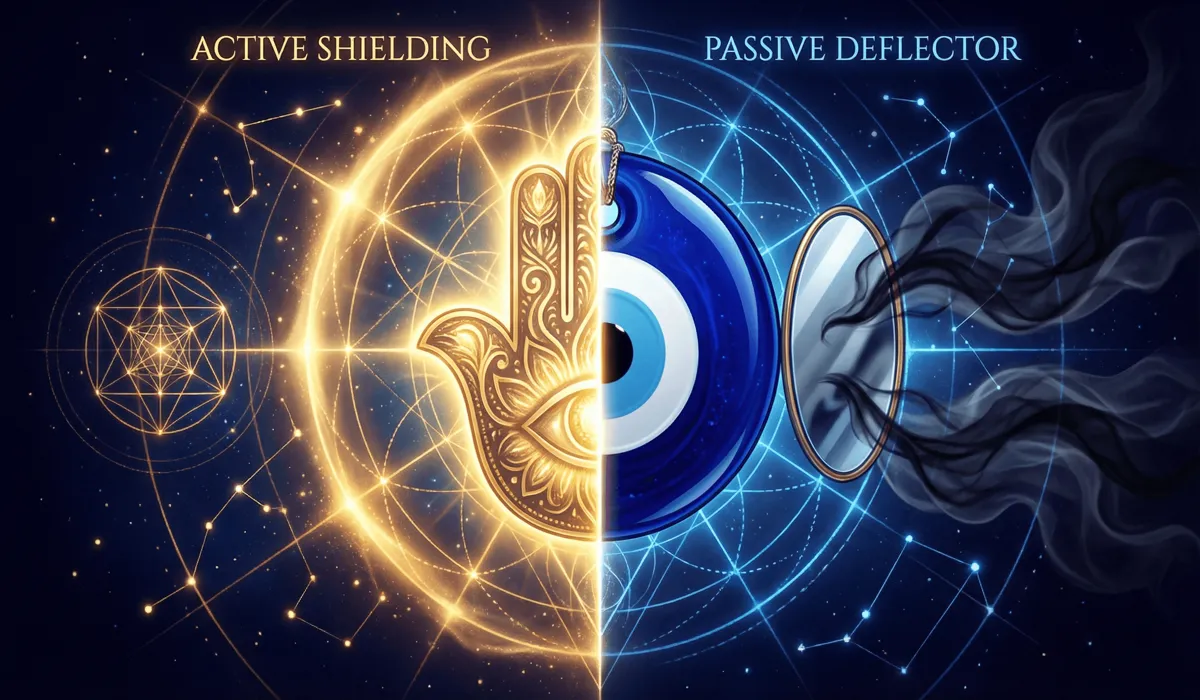 Hamsa Hand vs. the Evil Eye: Understanding Their Meanings and Differences 1 - Buddha Bodhis A conceptual comparison between the Hamsa Hand as an active blessing shield and the Evil Eye as a passive deflector of envious energy.