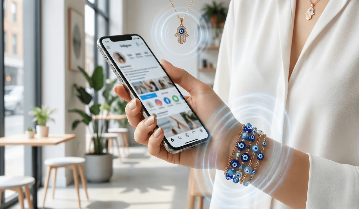 Hamsa Hand vs. the Evil Eye: Understanding Their Meanings and Differences 2 - Buddha Bodhis Modern person wearing Hamsa and Evil Eye jewelry as a spiritual 'vibrational boundary' against digital envy and social media negativity.