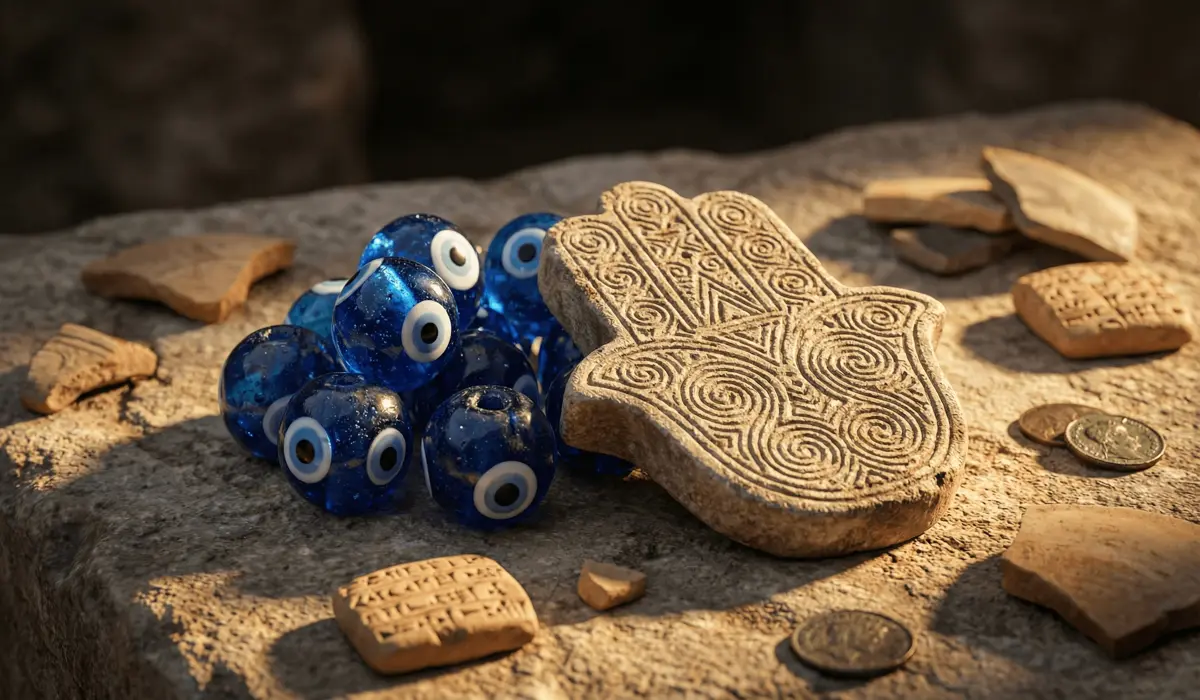 Hamsa Hand vs. the Evil Eye: Understanding Their Meanings and Differences - Buddha Bodhis Ancient stone Hamsa hand carving and traditional blue glass Nazar beads representing the historical Mesopotamian and Phoenician roots of protective talismans.