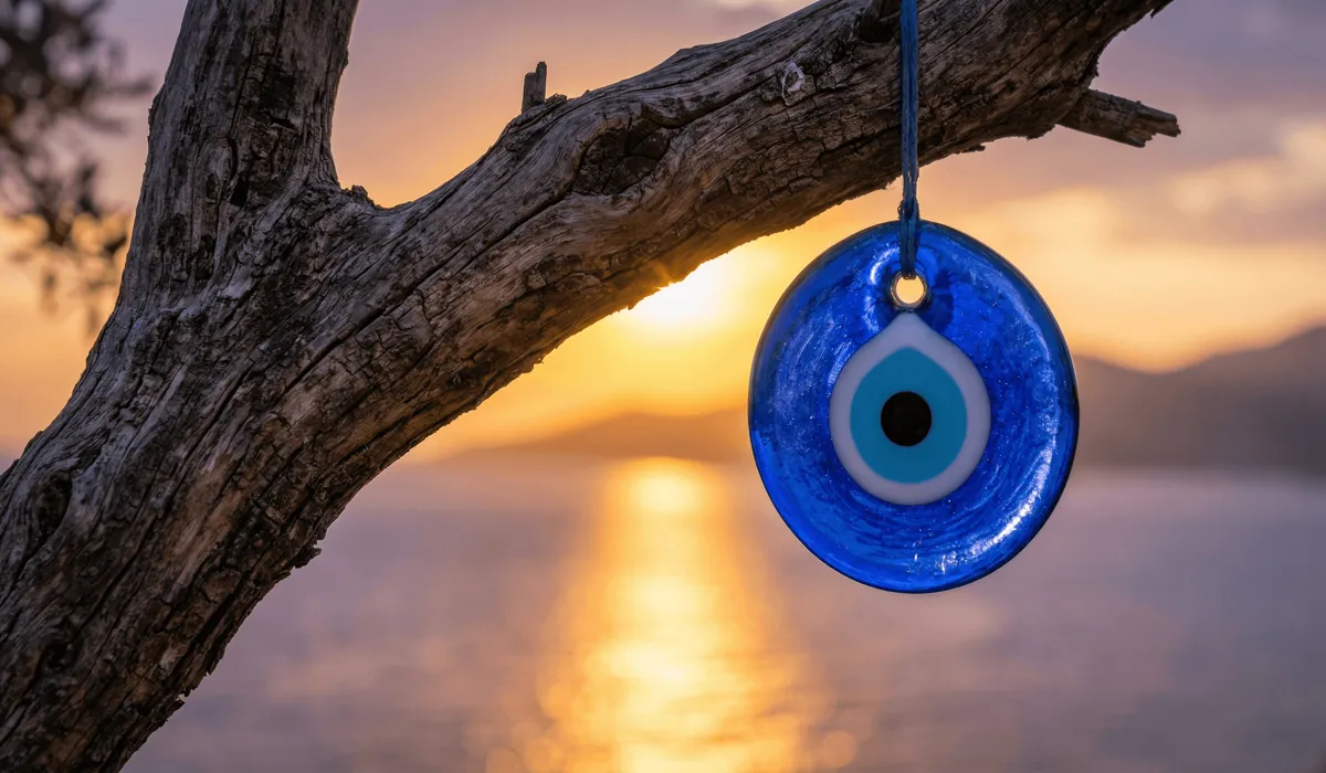 The Complete Guide to Evil Eye Color Meanings and Their Spiritual Symbolism - Buddha Bodhis A traditional blue glass Nazar Boncuğu hanging on an olive tree branch at sunset, representing the ancient Mediterranean origins of the Evil Eye charm.