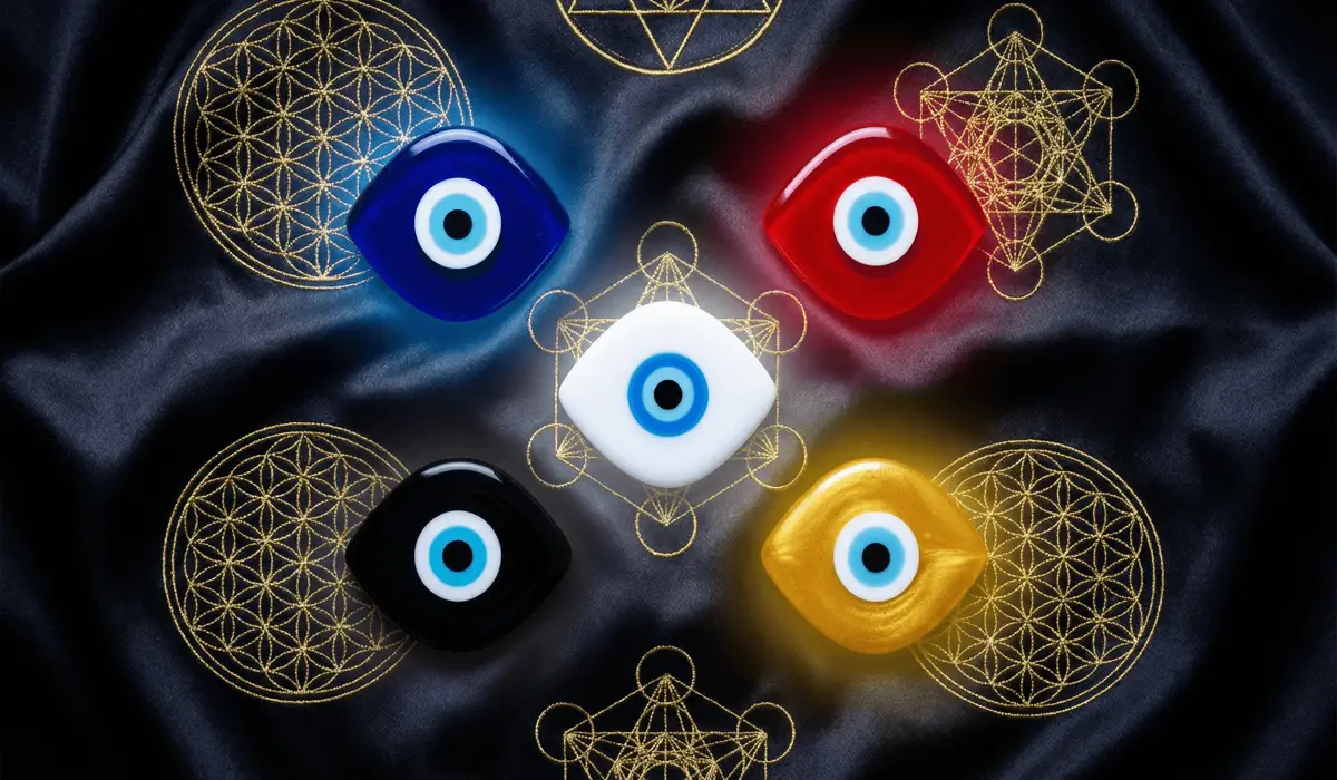 The Complete Guide to Evil Eye Color Meanings and Their Spiritual Symbolism 3 - Buddha Bodhis A collection of multi-colored Evil Eye charms including red, white, black, and yellow, illustrating their different metaphysical meanings and frequencies.