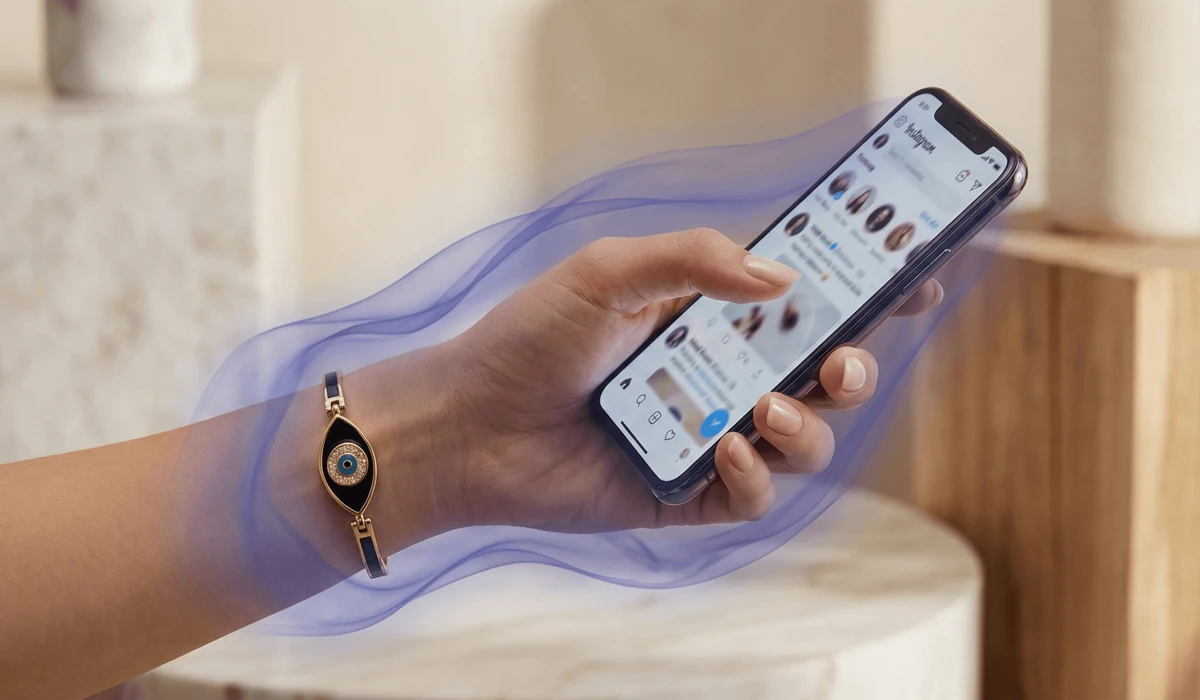 The Complete Guide to Evil Eye Color Meanings and Their Spiritual Symbolism 2 - Buddha Bodhis Modern Evil Eye jewelry being worn to provide spiritual protection and grounding against social media envy and digital burnout.