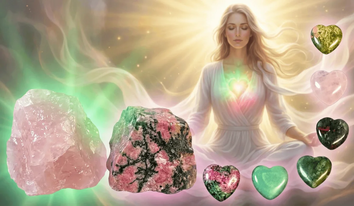 The Best Crystals for Self-Love, Confidence, and Inner Healing 1 - Buddha Bodhis Spiritual symbolism of Heart Chakra healing with pink and green gemstones.
