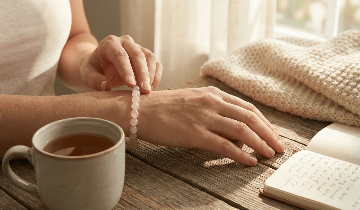 The Best Crystals for Self-Love, Confidence, and Inner Healing 2 - Buddha Bodhis Woman wearing a self-love crystal bracelet on her left hand for receiving energy.