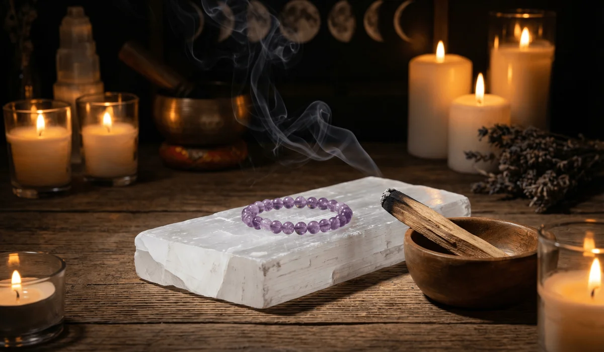 The Best Crystals for Self-Love, Confidence, and Inner Healing 3 - Buddha Bodhis Cleansing crystal bracelets using Selenite and Palo Santo smoke ritual.