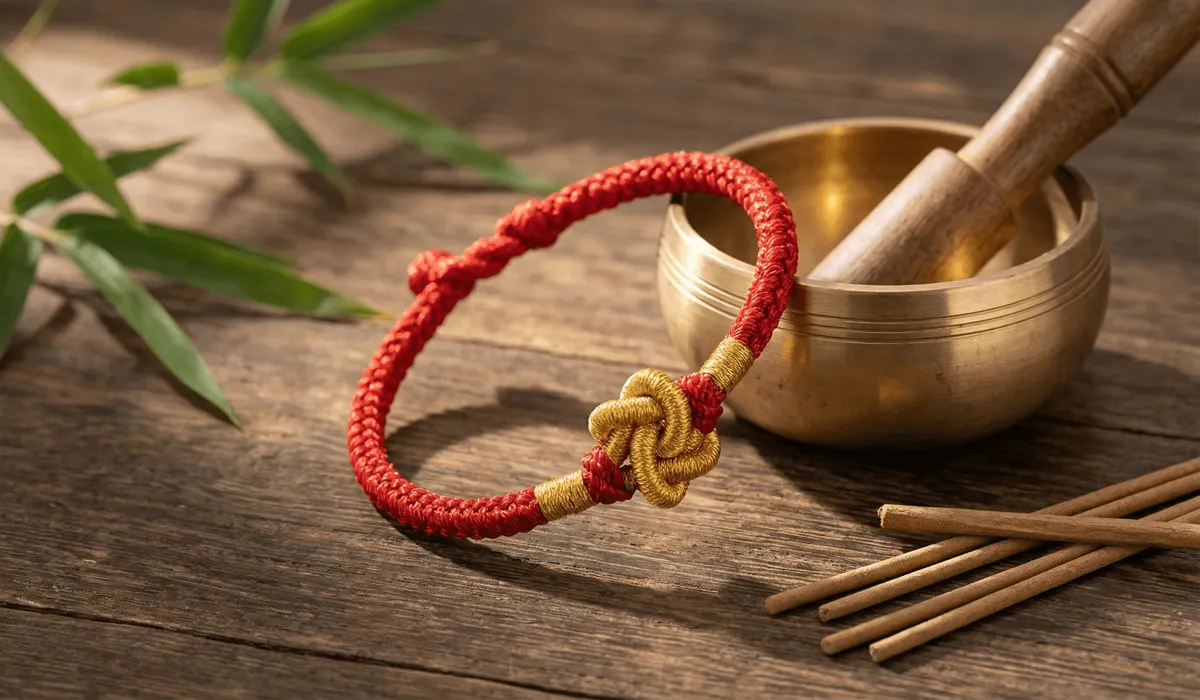 The Meaning and Spiritual Rules of the Blessed Tibetan Red String Bracelet - Buddha Bodhis A close-up of an authentic hand-knotted Tibetan red string protection bracelet with a Vajra knot on a wooden surface.