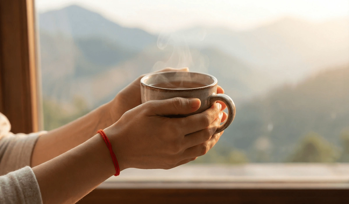 The Meaning and Spiritual Rules of the Blessed Tibetan Red String Bracelet 2 - Buddha Bodhis A person wearing a blessed Tibetan red string on their left wrist as a symbol of mindfulness and protection.