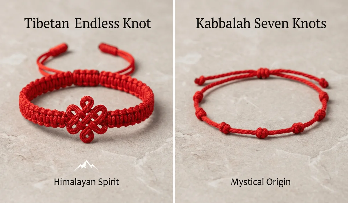 The Meaning and Spiritual Rules of the Blessed Tibetan Red String Bracelet 3 - Buddha Bodhis Visual comparison between a braided Tibetan red string bracelet and a simple Kabbalah red thread.