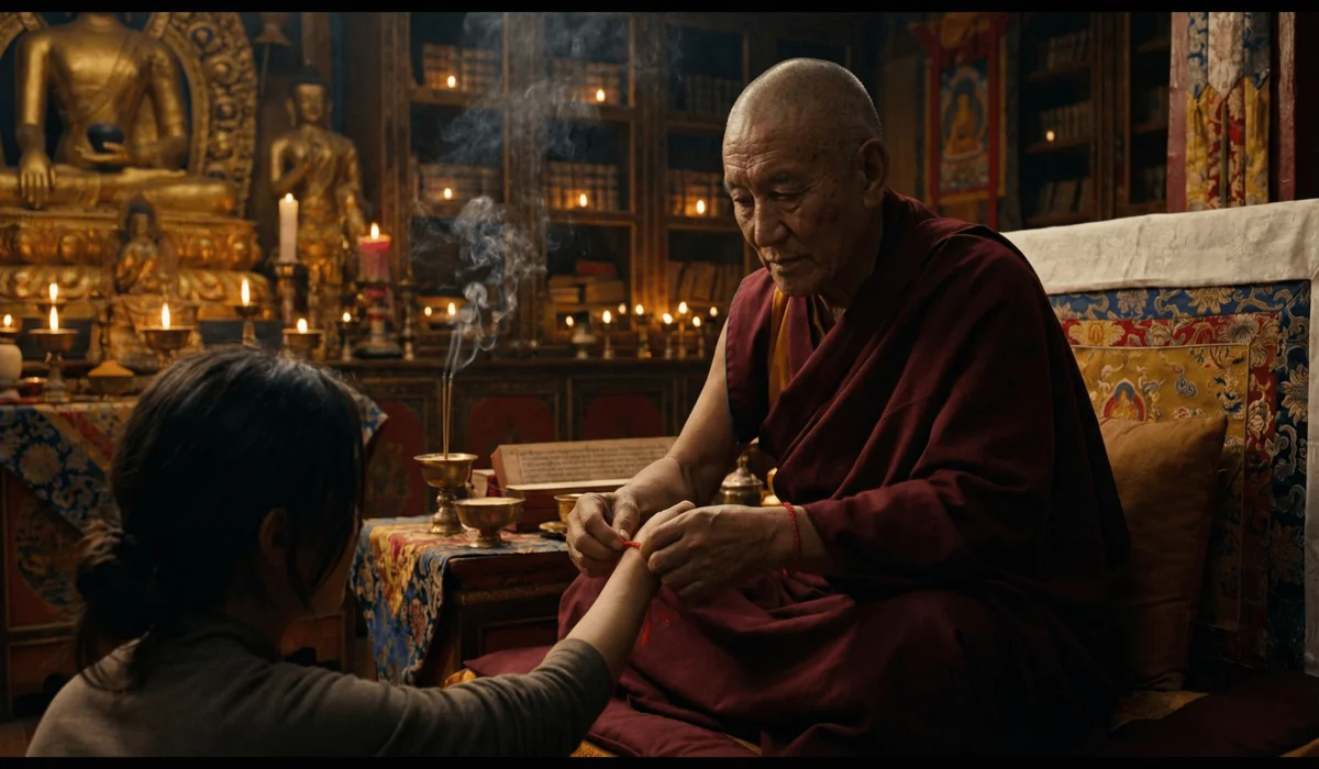 The Meaning and Spiritual Rules of the Blessed Tibetan Red String Bracelet 1 - Buddha Bodhis A Tibetan monk performing a blessing ceremony and tying a red string bracelet on a person's wrist in a temple.
