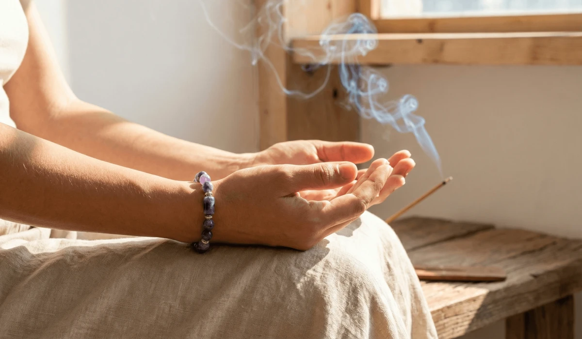 Amethyst Bracelet Meaning: Discover the Healing Power of Peace and Intuition 2 - Buddha Bodhis Person wearing an amethyst bracelet on the left wrist for emotional balance and receiving peaceful energy.