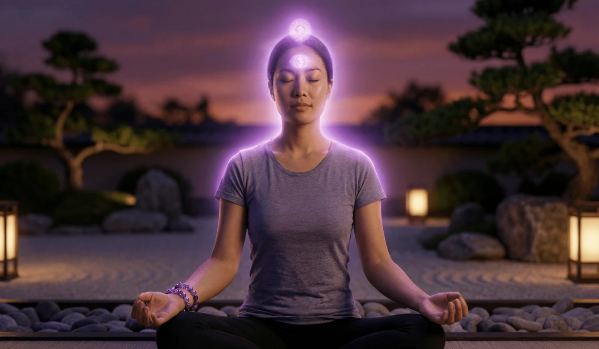 Amethyst Bracelet Meaning: Discover the Healing Power of Peace and Intuition 1 - Buddha Bodhis Spiritual illustration of an amethyst bracelet connecting with the crown and third eye chakras for intuition.