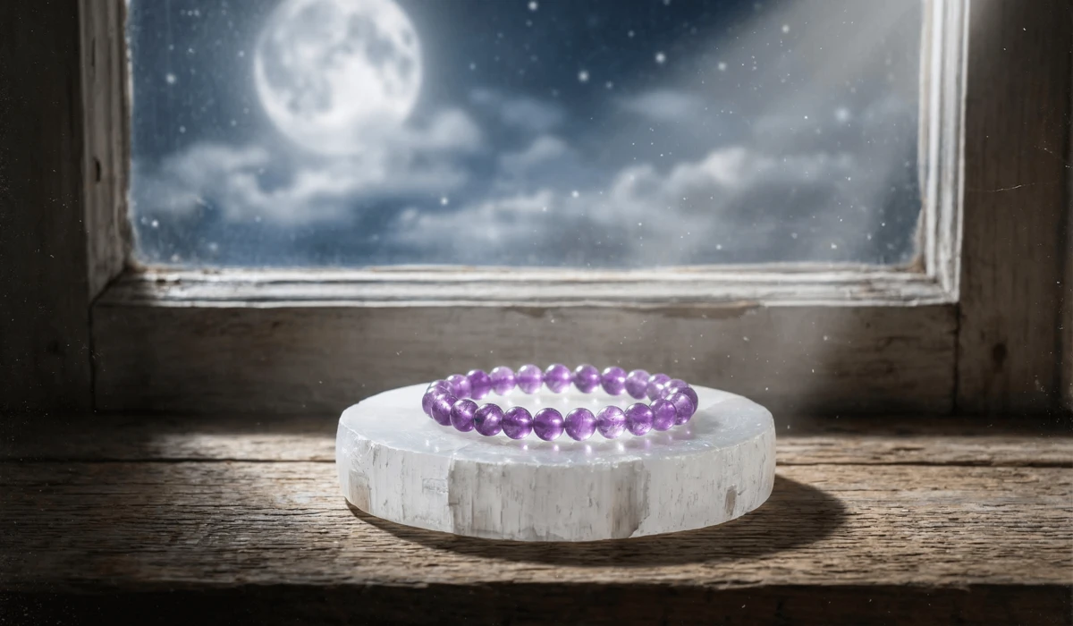 Amethyst Bracelet Meaning: Discover the Healing Power of Peace and Intuition 3 - Buddha Bodhis Amethyst bracelet being charged under the full moon on a selenite plate for energetic cleansing.