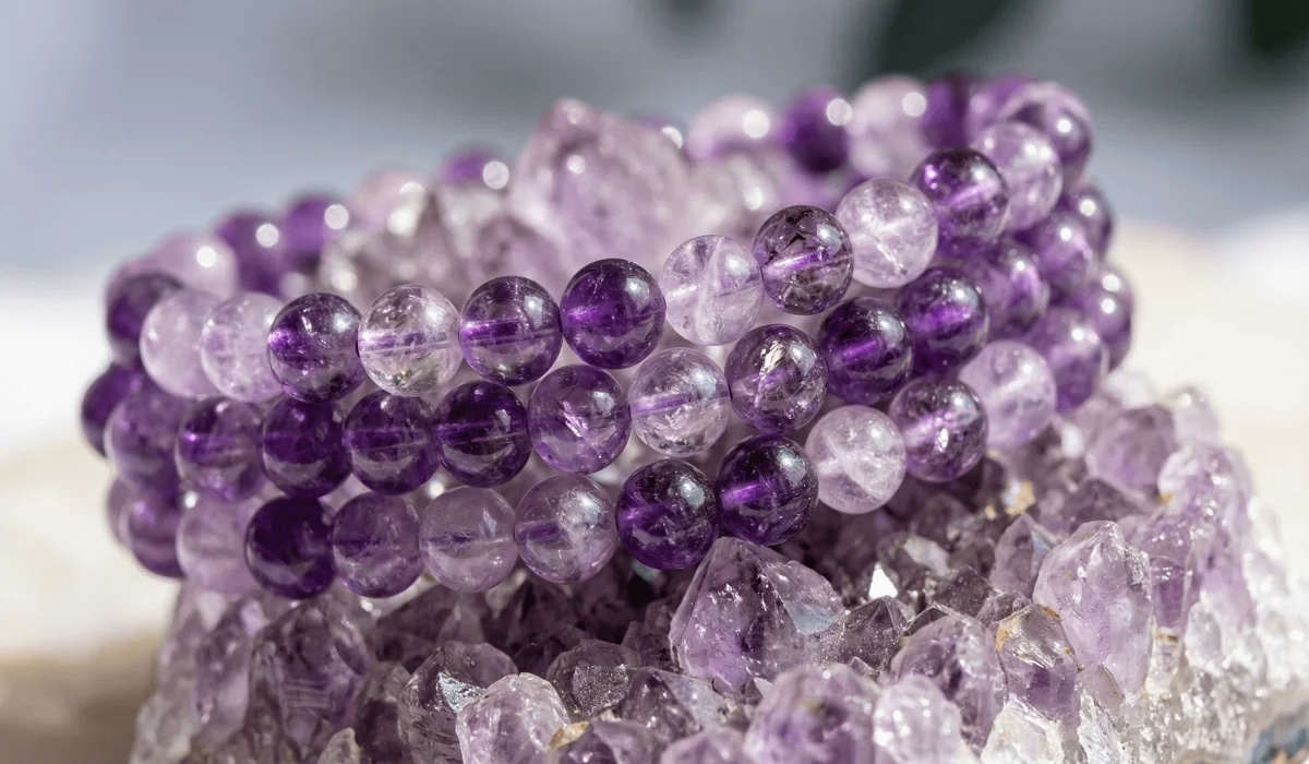 Amethyst Bracelet Meaning: Discover the Healing Power of Peace and Intuition - Buddha Bodhis Close-up of a natural amethyst bead bracelet with varying shades of purple quartz resting on a raw crystal cluster.