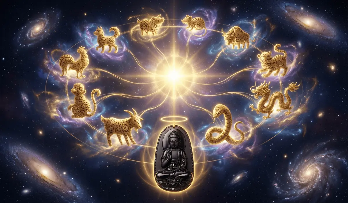 A Guide to the Eight Guardian Buddhas: Finding Your Personal Protector by Zodiac Sign - Buddha Bodhis Celestial wheel of 12 Chinese zodiac signs connected by spiritual energy to a central Buddha protector, symbolizing destiny and cosmic alignment.