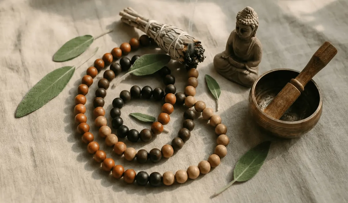 Wooden Mala Beads: Their Spiritual Significance, Meanings, and Connection to the Earth 3 - Buddha Bodhis A variety of wood mala beads including Sandalwood, Ebony, and Rosewood next to sage and a singing bowl for spiritual cleansing.