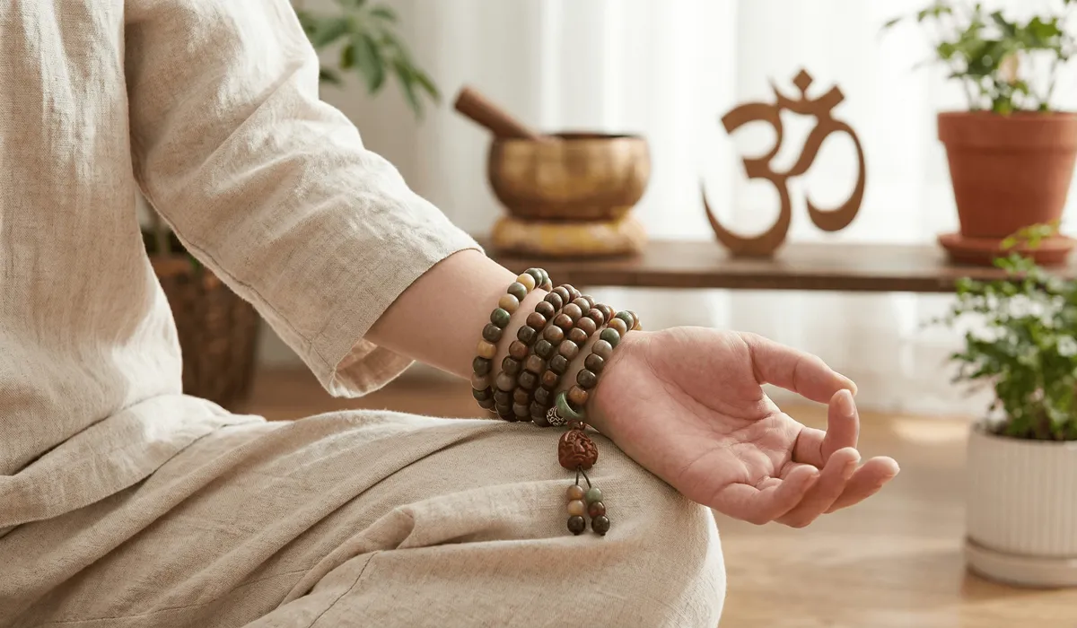 Wooden Mala Beads: Their Spiritual Significance, Meanings, and Connection to the Earth 2 - Buddha Bodhis A person wearing a rosewood mala on their wrist in a zen setting, representing the integration of spiritual intentions into daily life.