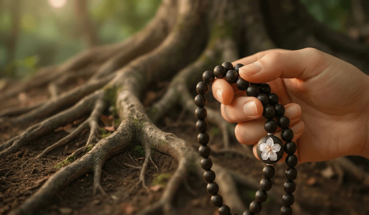 Wooden Mala Beads: Their Spiritual Significance, Meanings, and Connection to the Earth 1 - Buddha Bodhis A close-up of hands using wood mala beads for grounding meditation, illustrating the tactile connection to the earth element.