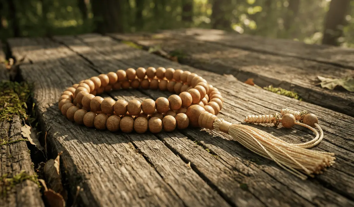 Wooden Mala Beads: Their Spiritual Significance, Meanings, and Connection to the Earth - Buddha Bodhis Handcrafted 108-bead sandalwood mala beads resting on a rustic wooden surface in soft forest light, symbolizing spiritual life force.