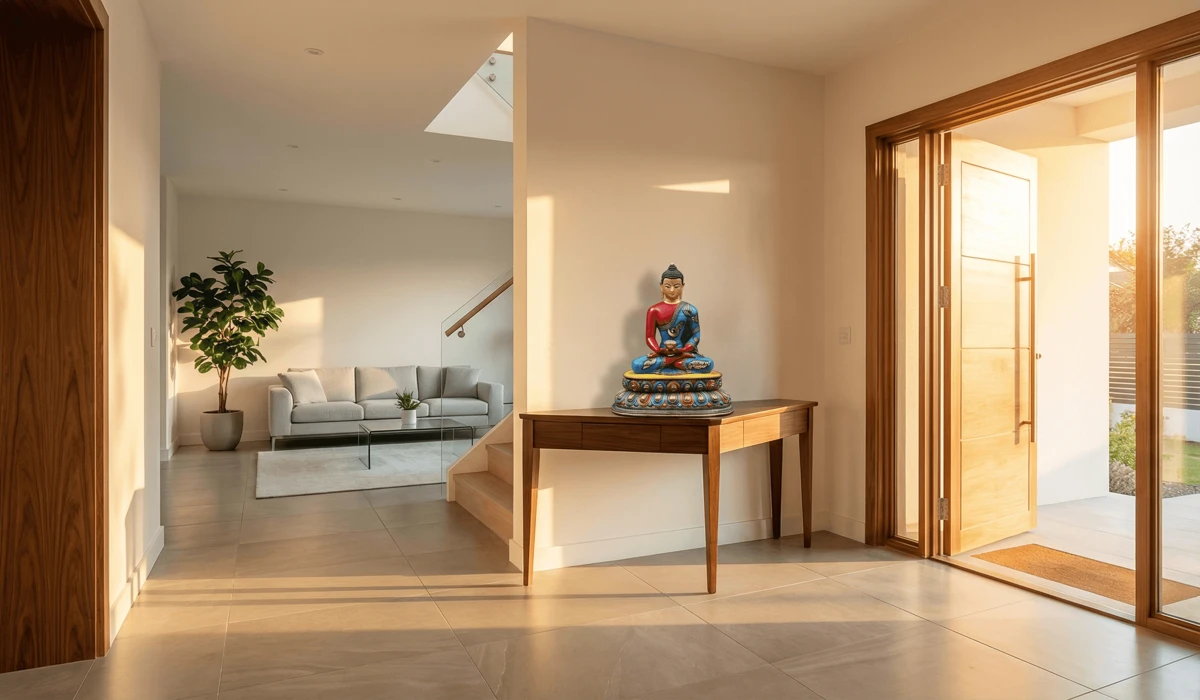 How to Properly Place a Buddha Statue at Home for Positive Energy 1 - Buddha Bodhis Proper Feng Shui placement of a Buddha statue facing the front door at a 45-degree angle to greet energy.