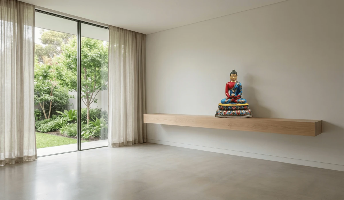 How to Properly Place a Buddha Statue at Home for Positive Energy 3 - Buddha Bodhis A respectful and elevated Buddha statue placement on a high shelf, following Feng Shui taboos to avoid the floor and clutter.